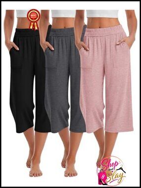 Wide Leg Cotton Capri Sweatpants Lounge Yoga Pants with Pockets